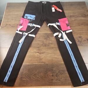 PREME TRAVELER DENIM Designer JEANS BLACK 42W x 34L Chains Belts Cargo Pockets